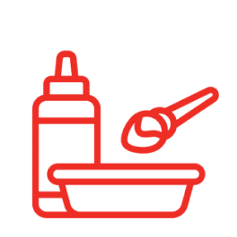 Red outline of bottle and bowl.